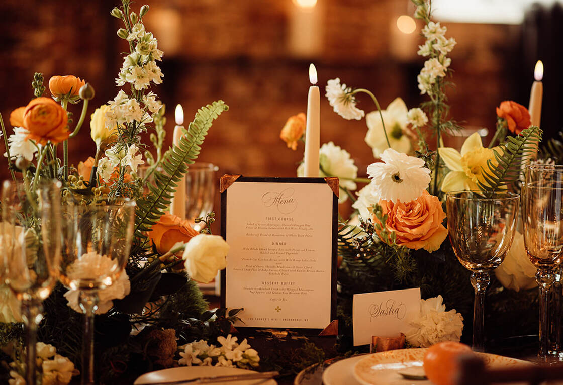 Tablescape, signage, candle lighting, florals, wedding reception, glassware