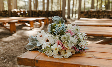 Bridal bouquet, seating, outdoor wedding