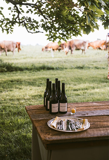 Tablescape, outdoor wedding, drinks, cows, silverware