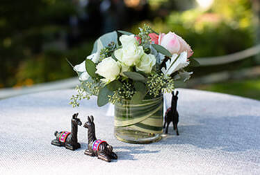 Floral arrangement, tablescpa,e centerpiece, wedding reception, llama