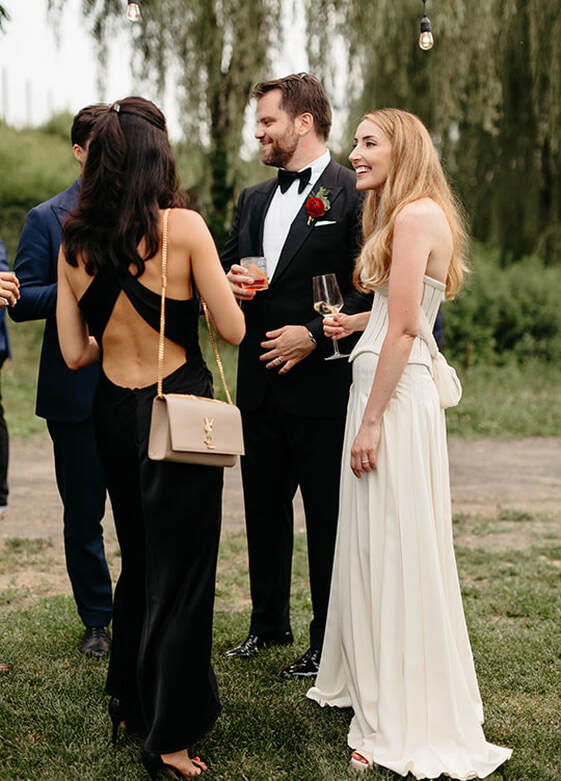 wedding, guests, drinks, wine, dress