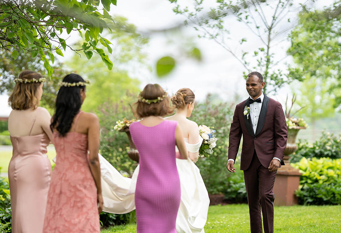 Wedding ceremony, outdoor wedding, bride and groom, portrait, brides maids, bouquet
