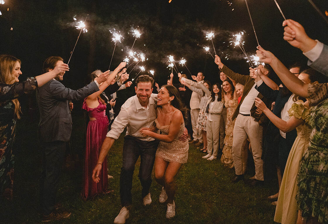 Wedding exit, couples portrait, bride and groom, sparklers, guests