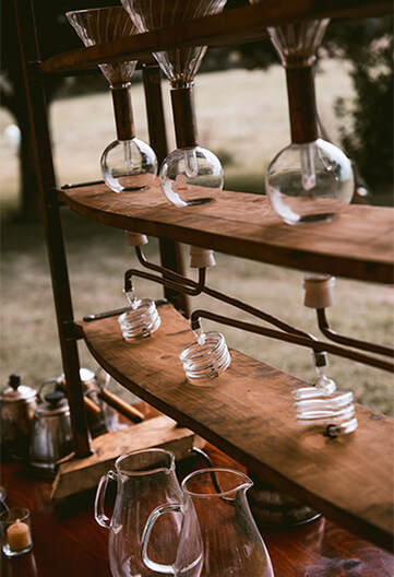 Vintage coffee display, wedding reception, outdoor wedding