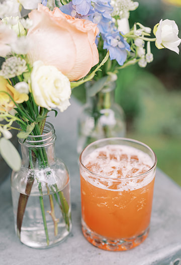Tablescape, drinks, catering, florals, vase, wedding reception, cocktail hour