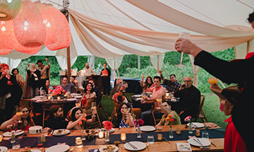 Toast, guest, wedding reception, tent, seating, cocktails