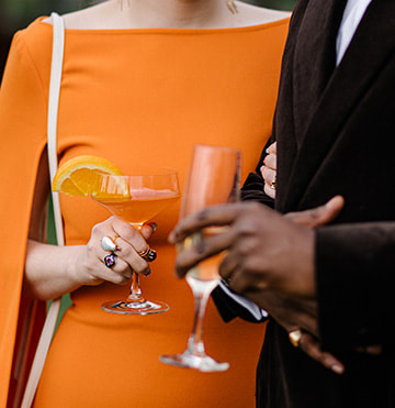 drinks, wedding reception, cocktail hour, orange, guests, dress, rings