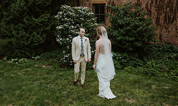 First look, portrait, bride and groom, wedding dress, outdoor wedding