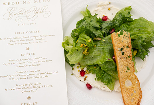 wedding reception, salad, wedding menu, place setting