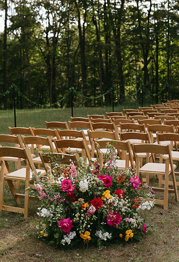 Private wedding venue, outdoor wedding, wedding ceremony, florals, seating