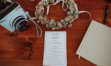 Wedding reception, camera, invitation, florals
