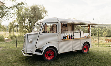 outdoor wedding, vehicle, bus, drinks, catering