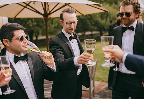 cheers, champagne, groomsmen
