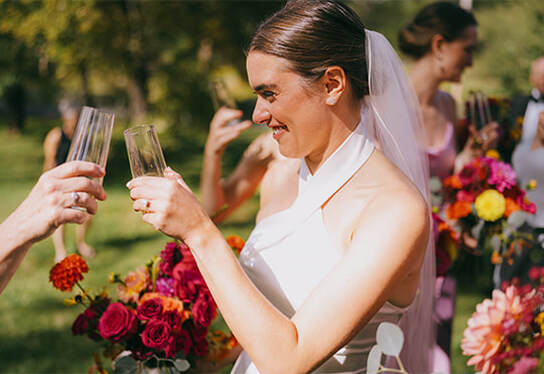 Wedding ceremony, bride, portrait, cheers, florals