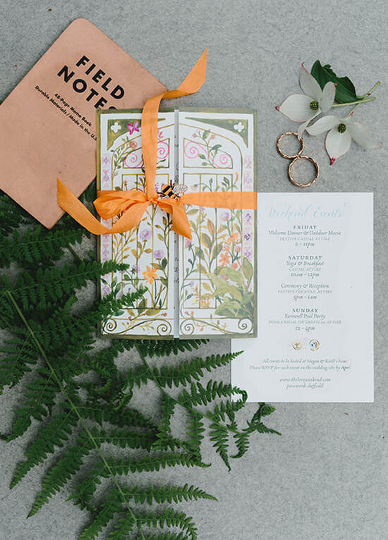 Wedding signage, invitation, rings, florals