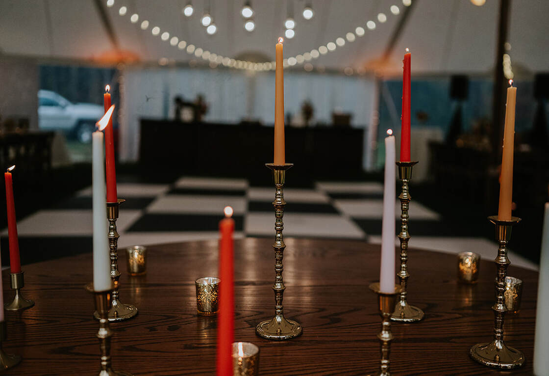 Wedding tent, lighting, candles, wedding reception
