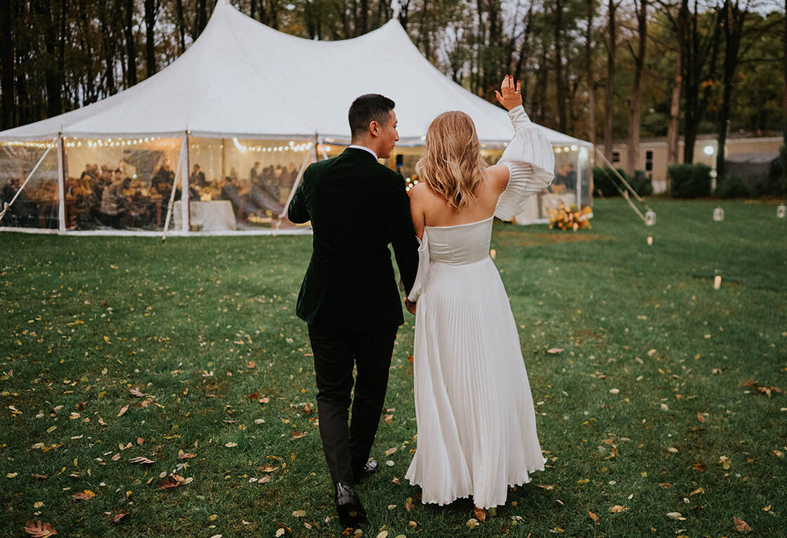 Wedding tent entrance, bride and groom, portrait, reception