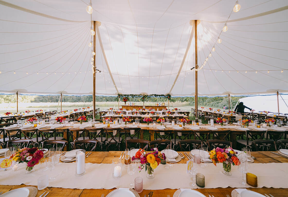Wedding tent, reception, seating, tablescape, glassware