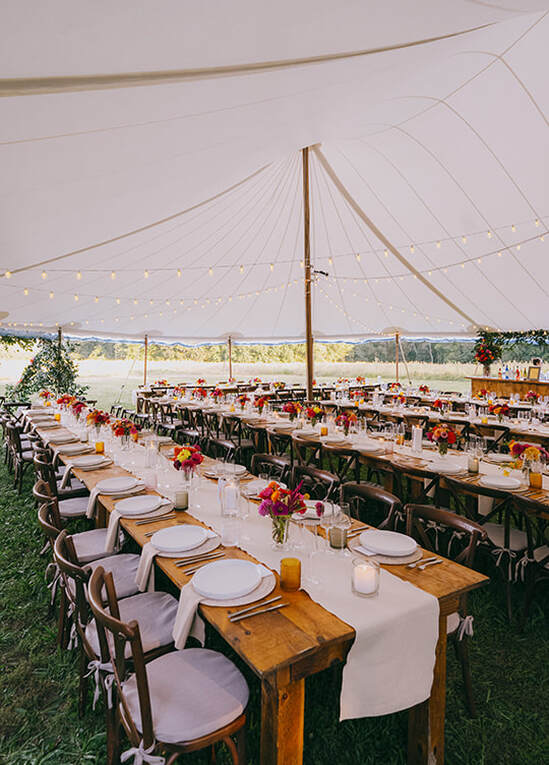 Wedding reception, seating, tablescape, tent, flowers