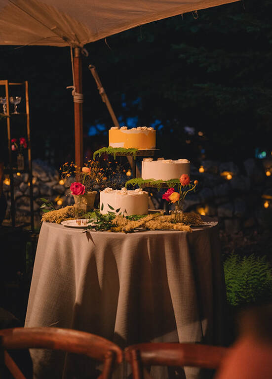 Wedding reception, wedding cake, table scape, florals, tent, dessert