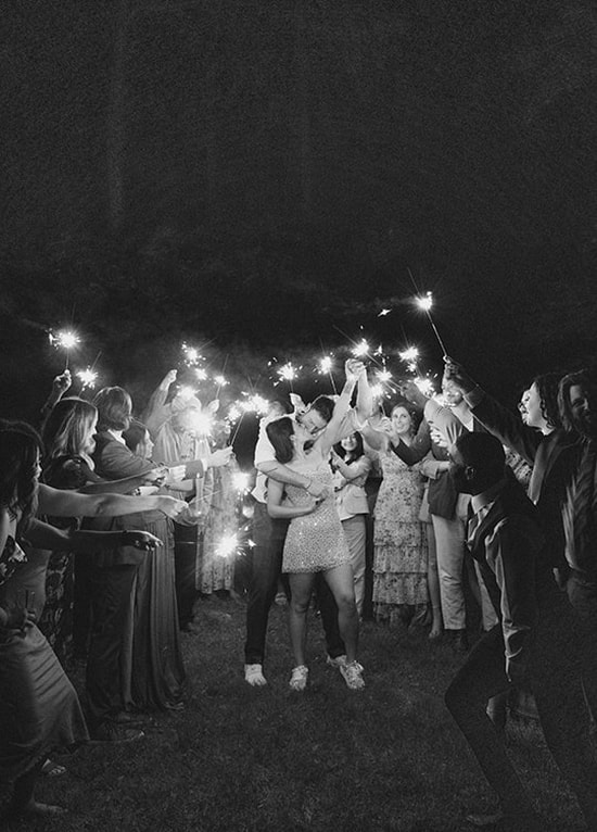Wedding exit, couples portrait, bride and groom, sparklers, guests