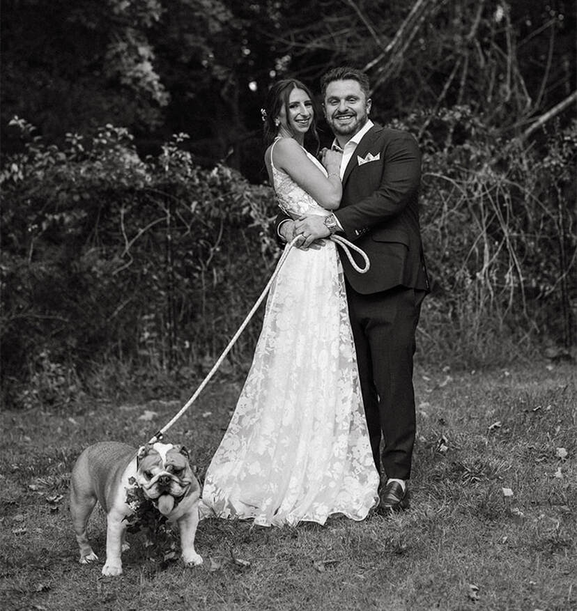 bride and groom, portrait, dog